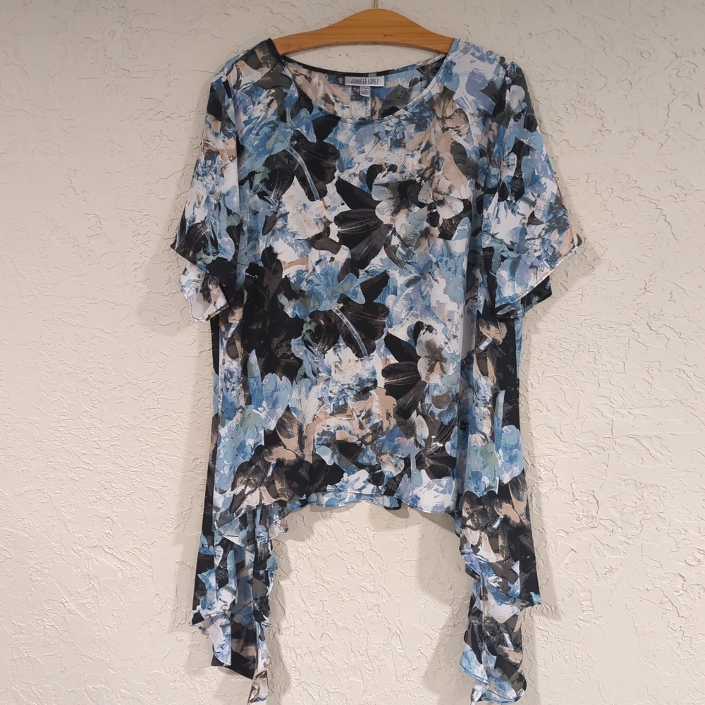 Jennifer Lopez Blue White & Black Floral Short Sleeve Blouse High Low - Women 1X